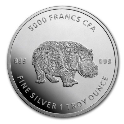 TCHAD 5000 Francs Argent 1 Once Hippopotame Mandala 2020