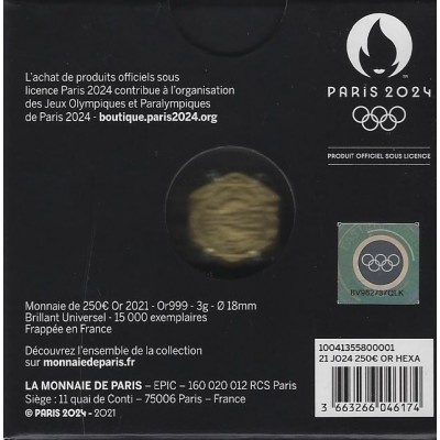 FRANCE 250 Euro OR 999/1000 2021 Hexagonale PARIS JO 2024 BU