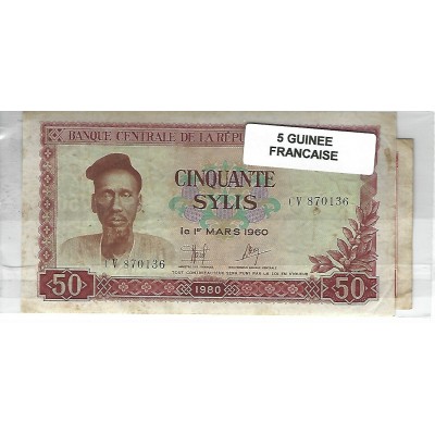 Lot de 5 billets de Banque neufs de Guinée Française tous différents