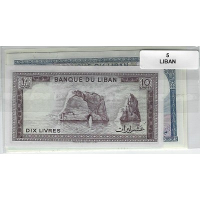 Lot de 5 billets de Banque neufs du Liban tous différents
