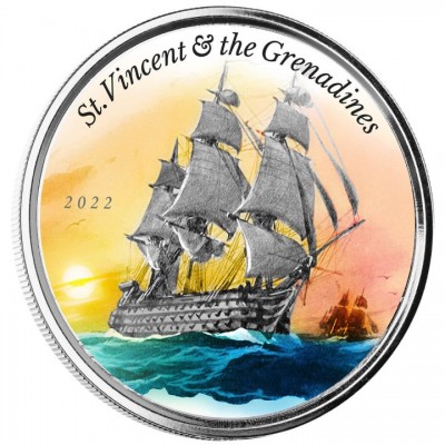 St VINCENT et GRENADINES 2 Dollars Argent 1 Once Couleur Navire de guerre 2022 ⏰