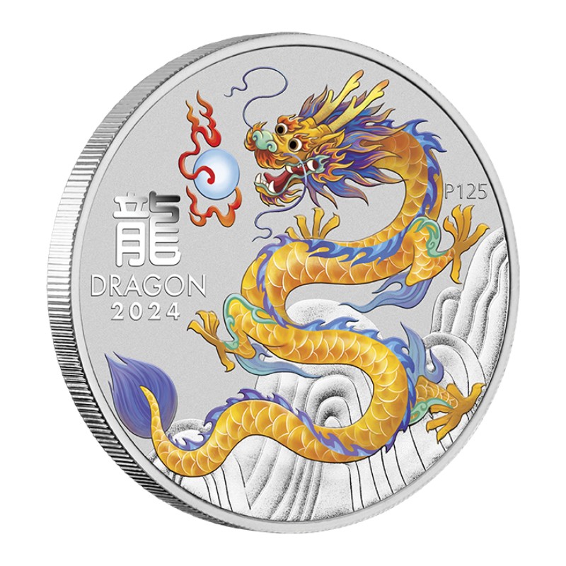 AUSTRALIE 1 Dollar Argent 1 Once Année du Dragon Dragon Jaune 2024