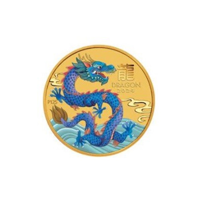 AUSTRALIE 5 Dollars Or 1/20 Once Couleur Année du Dragon 2024