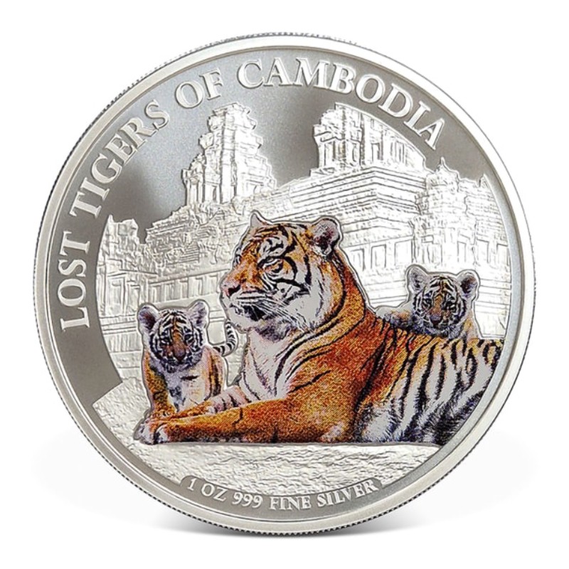 CAMBODGE 3 000 Riels Argent 1 Once Couleur Tigres Disparus 2025 ⏰