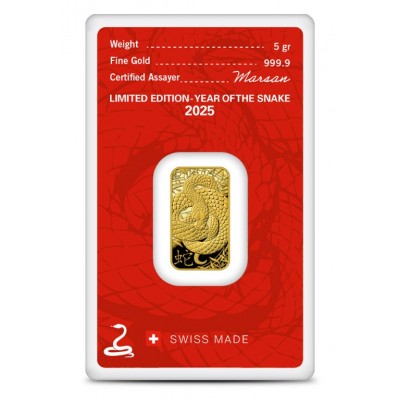 LINGOT Or Scellé 5 Grammes 999/1000 Année du Serpent 2025 ⏰