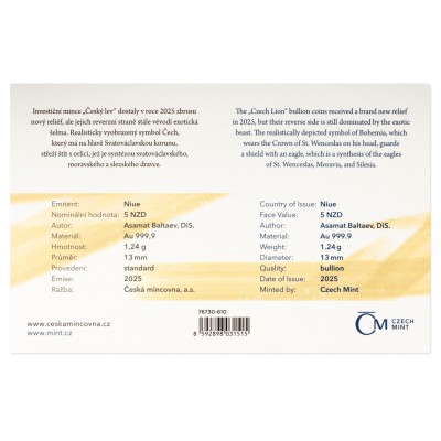 NIUE 5 Dollars Or 1/25 Once Blister Lion Tchèque 2025