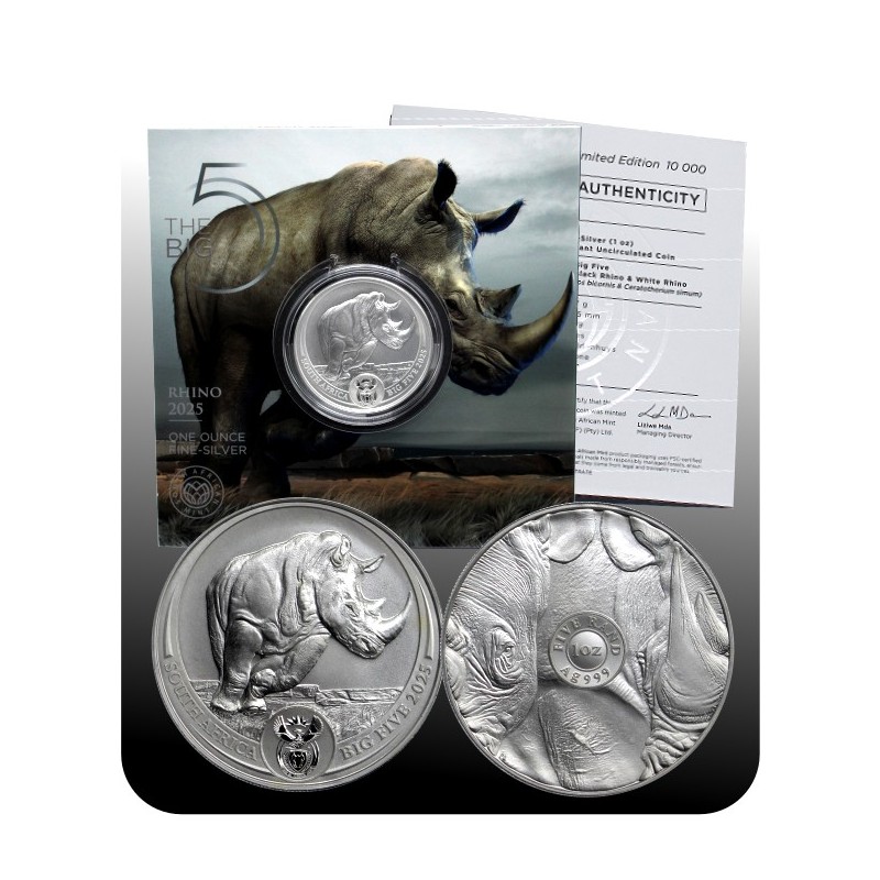 AFRIQUE DU SUD 5 Rand Argent 1 Once Rhinocéros Noir 2025 ⏰