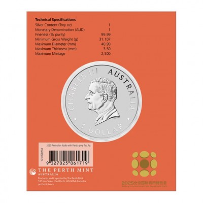 AUSTRALIE 1 Dollar Argent 1 Once KOALA 2025 Marque Beijing Panda ⏰