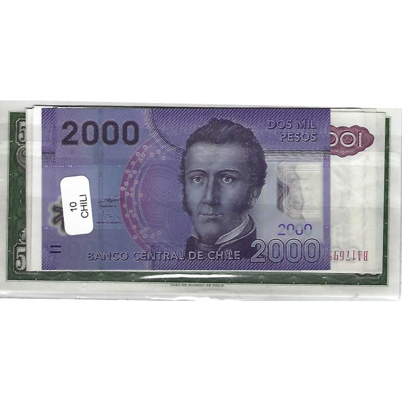 Lot de 10 billets de Banque neufs du Chili tous différents